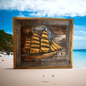 Hammered 3 Mast Sailboat Ship Copper Metal Relief 3D Wall Art. Artist Signed
